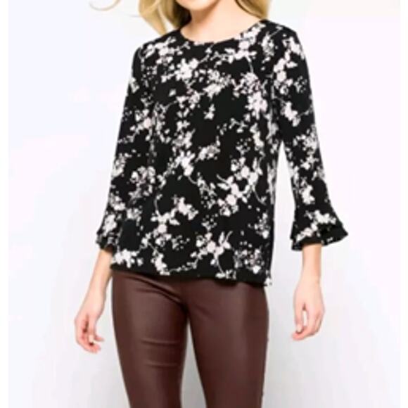 Karl Lagerfeld Yessie Floral Blouse Top Trumpet Flutter Sleeve Black 1X Fairy - Picture 1 of 13